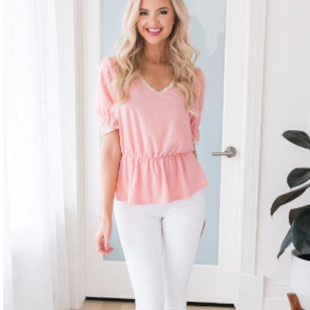 Swiss Dot Top Women's V Neck Babydoll Blouse Shirt Half Sleeve Peach Pink - Picture 4 of 8